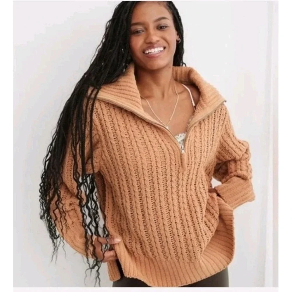 Aerie Cable ChunkyQuarter Zip Sweater, fcozy chenille knit‎  oversized Size XXS